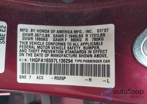 2007 Honda Civic Lx from USA, damaged, VIN 1HGFA16557L136294